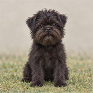 Small, wiry dog with a shaggy black coat and alert expression