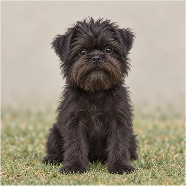Small, wiry dog with a shaggy black coat and alert expression