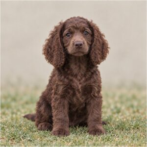 Lively brown dog with wavy coat standing in a grassy field