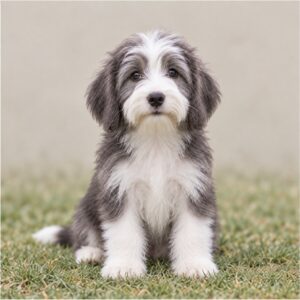 Fluffy, medium-sized dog with a long, shaggy coat and lively expression