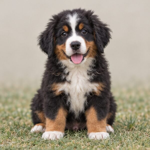 Fluffy black, white, and rust coat with a friendly expression, standing proud