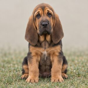 Large, droopy-eared dog with a reddish-brown coat standing alert outdoors