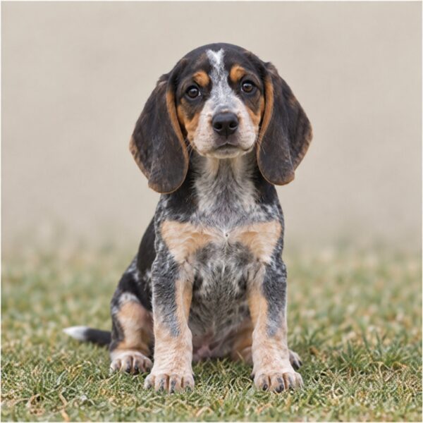 Spotted bluetick coat, alert posture, and expressive brown eyes