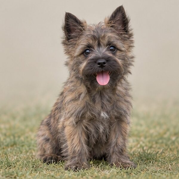 Scruffy, brown fur with perky ears and a playful stance