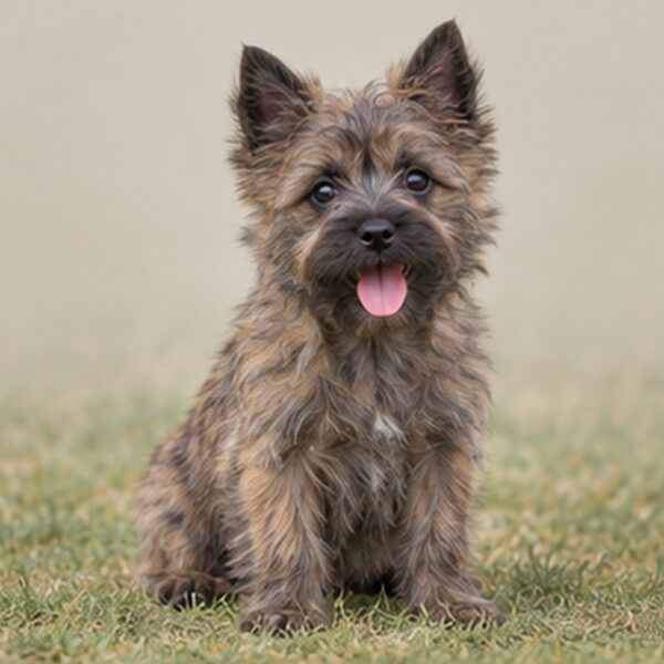 Scruffy, brown fur with perky ears and a playful stance