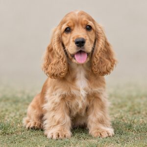 Golden-brown Cocker Spaniel with wavy coat sitting proudly on grass