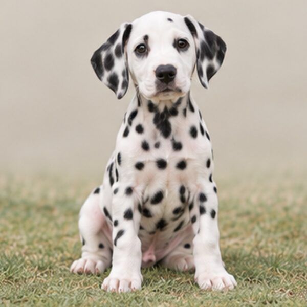 Spotted white coat, standing proudly with alert expression and perked ears
