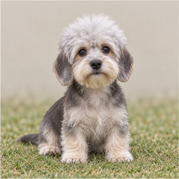 A Dandie Dinmont Terrier with a wiry coat, standing proudly, showcasing its distinctive topknot