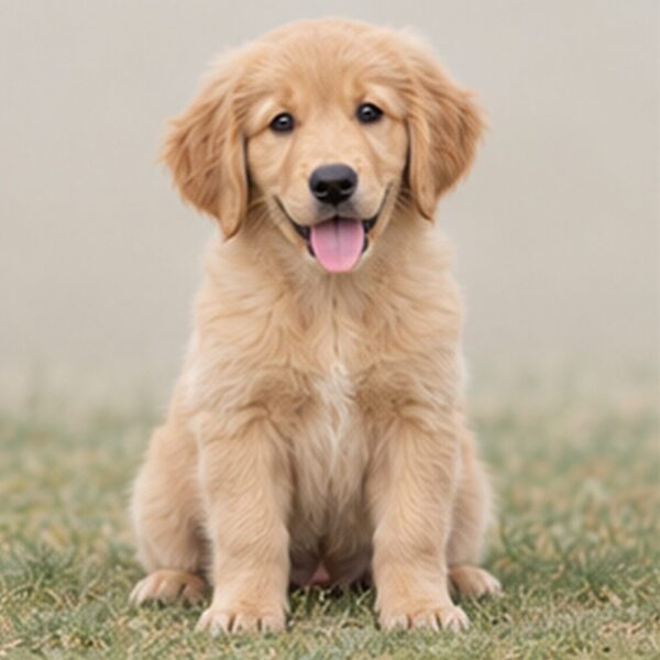 Fluffy golden coat, friendly expression, sitting attentively in a sunny field