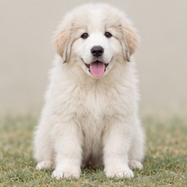 Fluffy white dog sitting majestically on a grassy hilltop