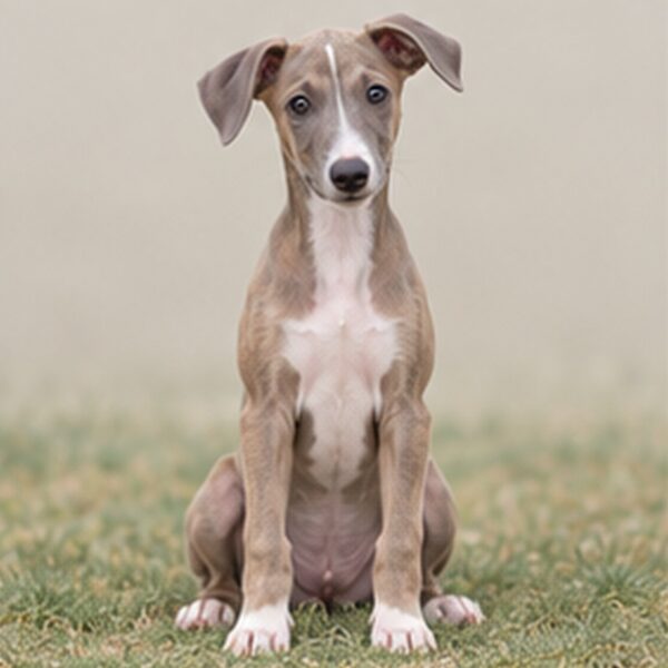 Sleek greyhound standing gracefully, showcasing short, smooth coat and alert expression