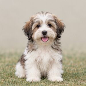 Fluffy, light-colored dog with long, flowing coat sitting playfully on grass