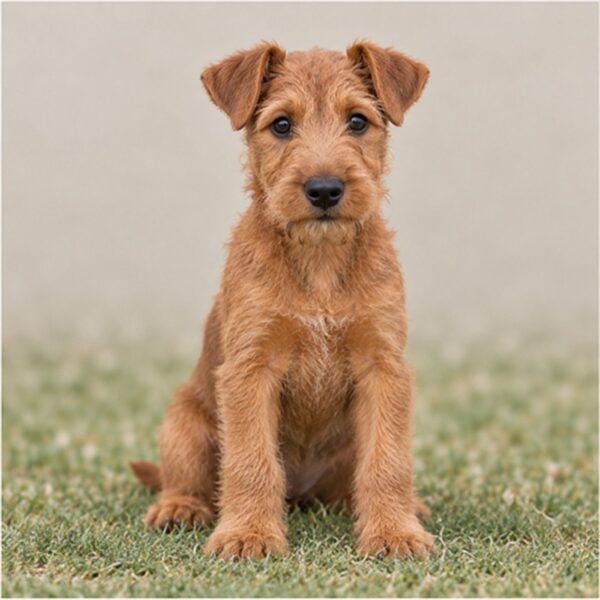 A spirited Irish Terrier with a wiry red coat, standing proudly
