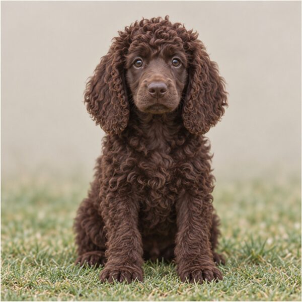 Curly, water-resistant coat in rich liver brown, playful posture by water's edge