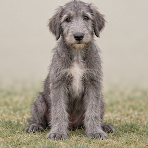 Tall, shaggy gray dog standing proudly in a grassy field