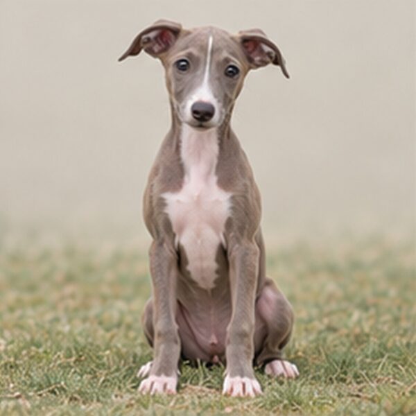 Elegant Italian Greyhound with sleek gray coat standing confidently on grass
