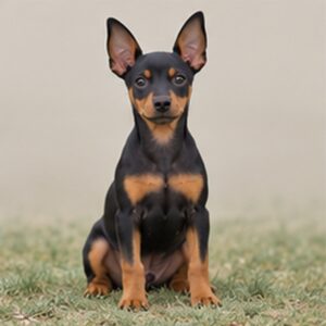 Small, sleek dog with short black and tan coat, standing alert