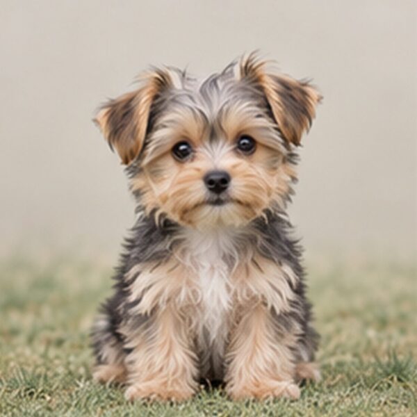 Small, fluffy dog with a blend of tan and black fur, sitting attentively