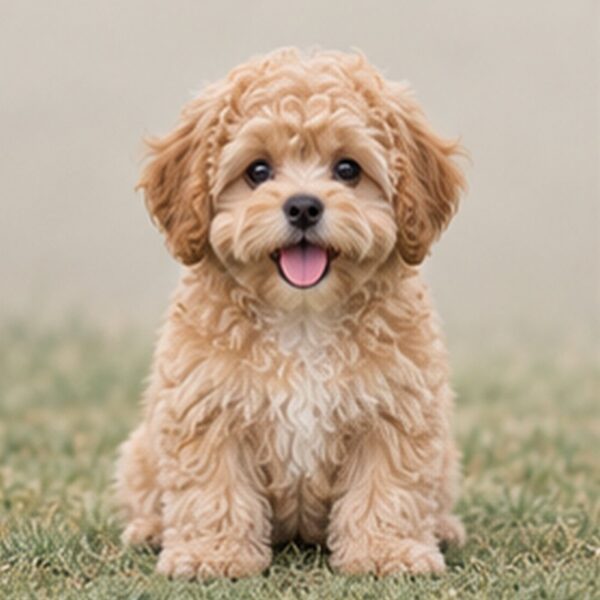 Fluffy, small dog with a mix of curly and straight fur, sitting gracefully
