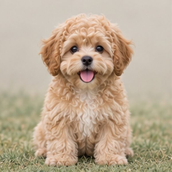 Fluffy, small dog with a mix of curly and straight fur, sitting gracefully