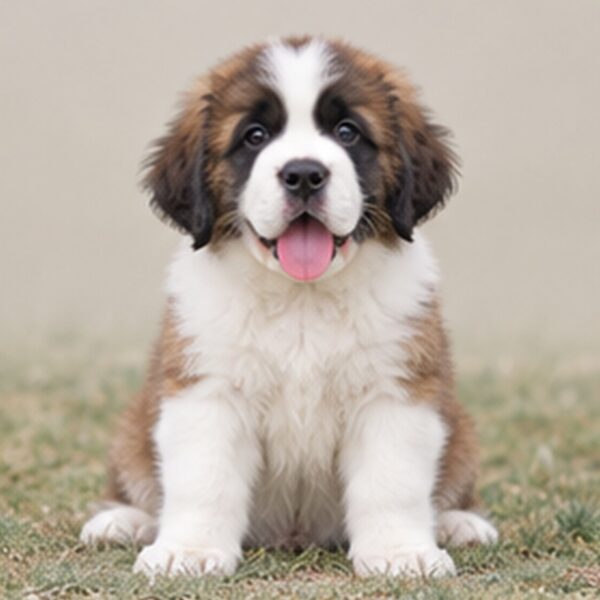 Large, fluffy Saint Bernard with a brown and white coat sitting proudly