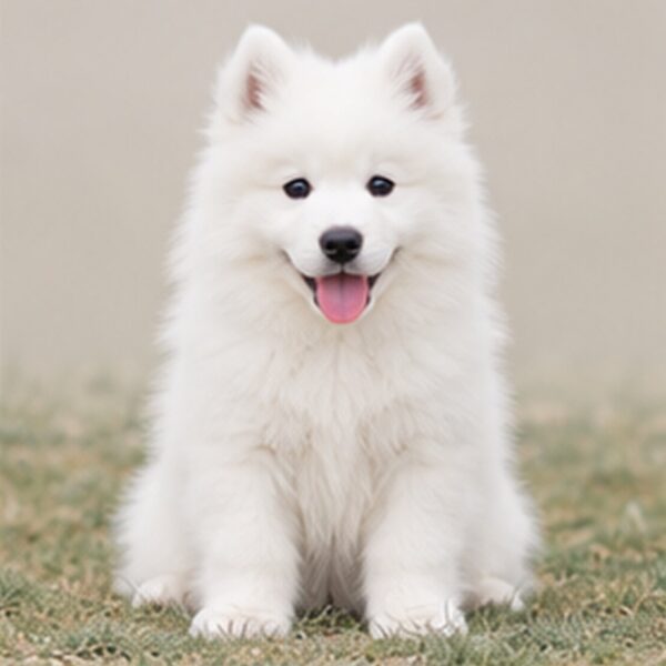 Fluffy white dog with a happy expression, standing proudly outdoors