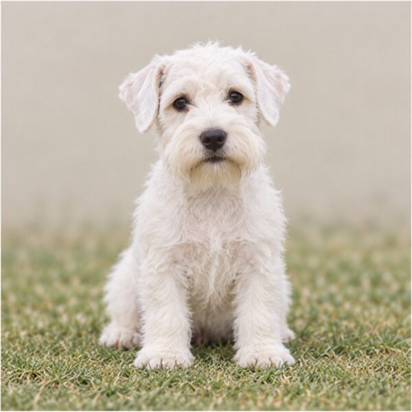 White, scruffy-coated Sealyham Terrier standing alert with playful eyes