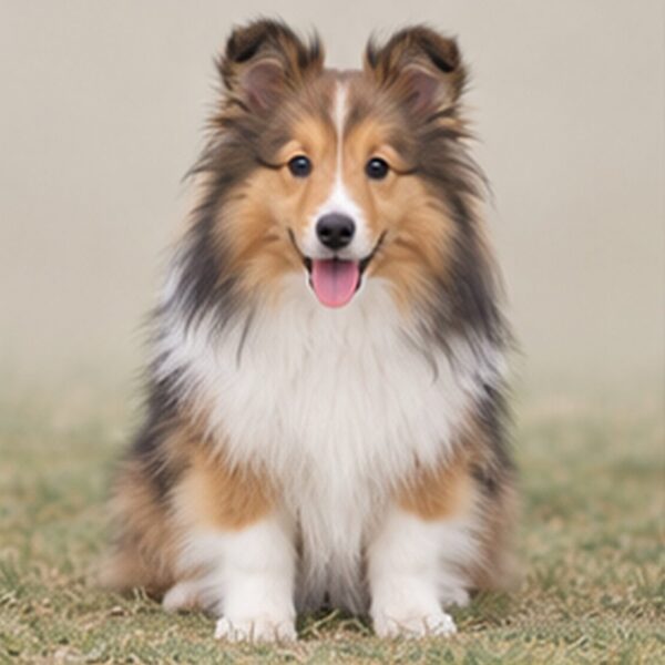Shetland Sheepdog with a thick, layered coat, standing proudly outdoors